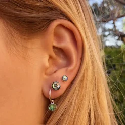 Studio Jewellery Hoop Earrings | Earrings-Abalone Disc Charm Silver Hoop Earrings