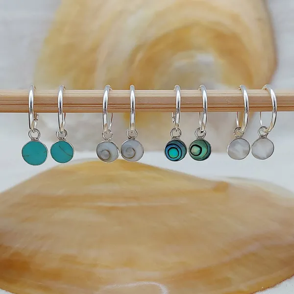 Studio Jewellery Hoop Earrings | Earrings-Abalone Disc Charm Silver Hoop Earrings