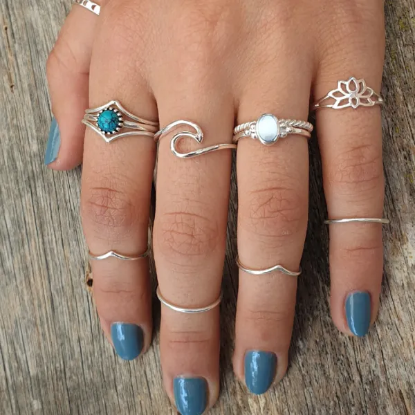 Studio Jewellery Gem Stone Rings | Rings-3 Beaded Blue Oval Shell Silver Ring