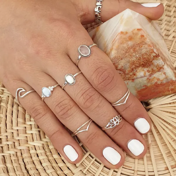 Studio Jewellery Gem Stone Rings | Rings-3 Beaded Blue Oval Shell Silver Ring