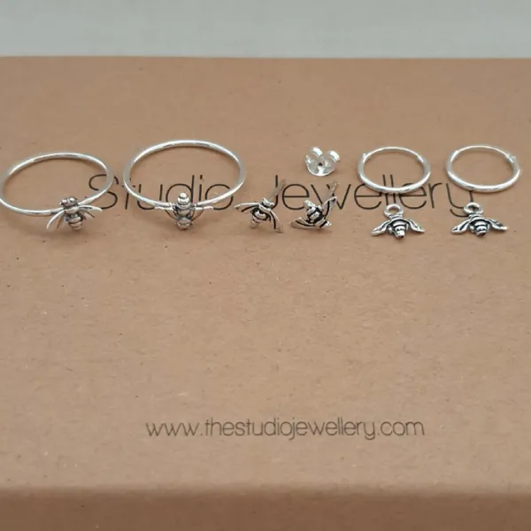 Studio Jewellery Hoop Earrings | Earrings-Bee Charm Silver Hoop Earrings