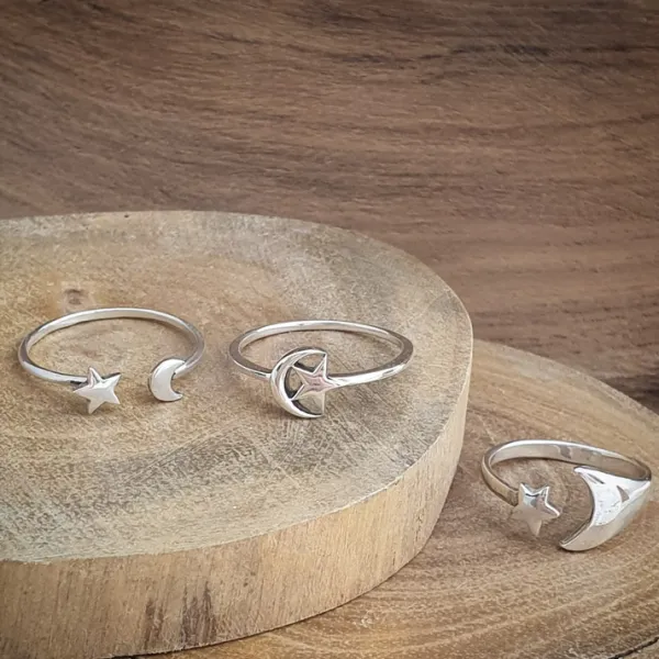 Studio Jewellery Feature & Stacker Rings | Rings-Big Moon Star Adjustable Silver Ring