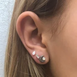 Studio Jewellery Stud Earrings | Earrings-Crescent Moon Faux Opal Silver Stud Earrings