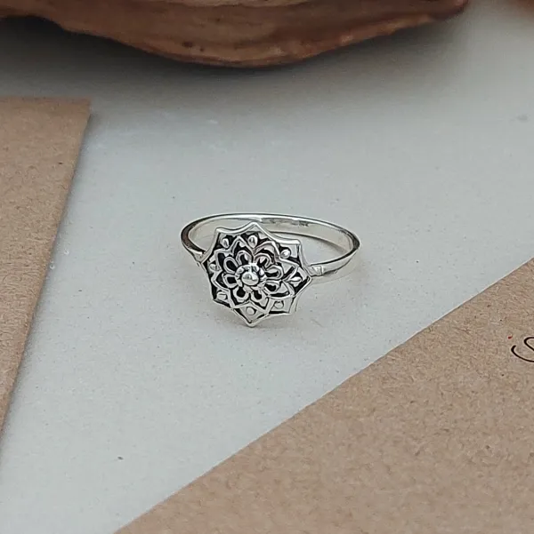 Studio Jewellery Rings-Floral Mandala Silver Ring