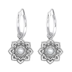 Studio Jewellery Earrings | Hoop Earrings-Mandala Flower Shell Silver Hoop Earring