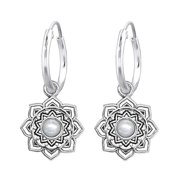 Studio Jewellery Earrings | Hoop Earrings-Mandala Flower Shell Silver Hoop Earring
