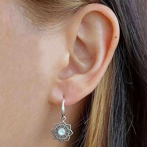Studio Jewellery Earrings | Hoop Earrings-Mandala Flower Shell Silver Hoop Earring