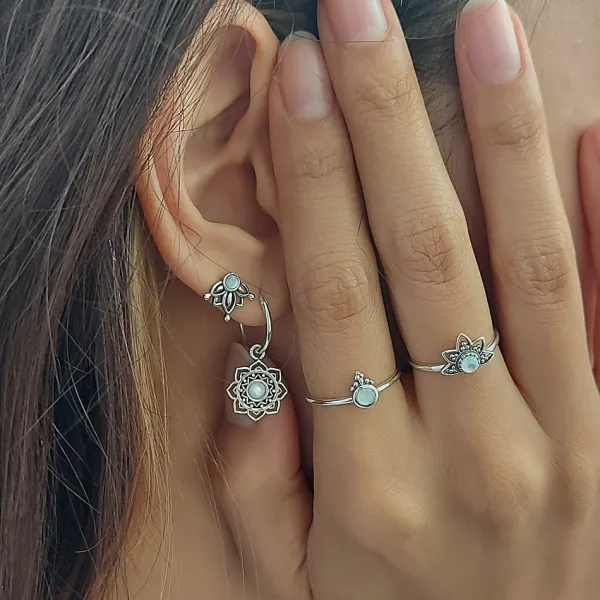 Studio Jewellery Earrings | Hoop Earrings-Mandala Flower Shell Silver Hoop Earring