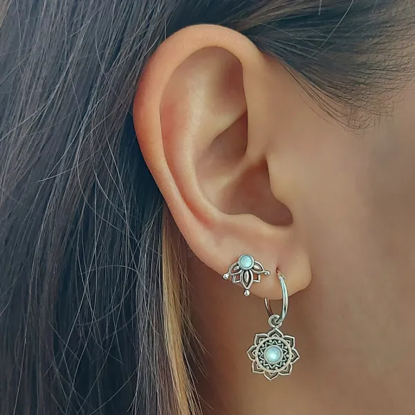 Studio Jewellery Earrings | Hoop Earrings-Mandala Flower Shell Silver Hoop Earring
