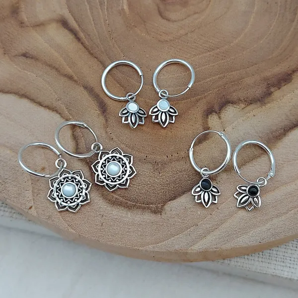 Studio Jewellery Earrings | Hoop Earrings-Mandala Flower Shell Silver Hoop Earring