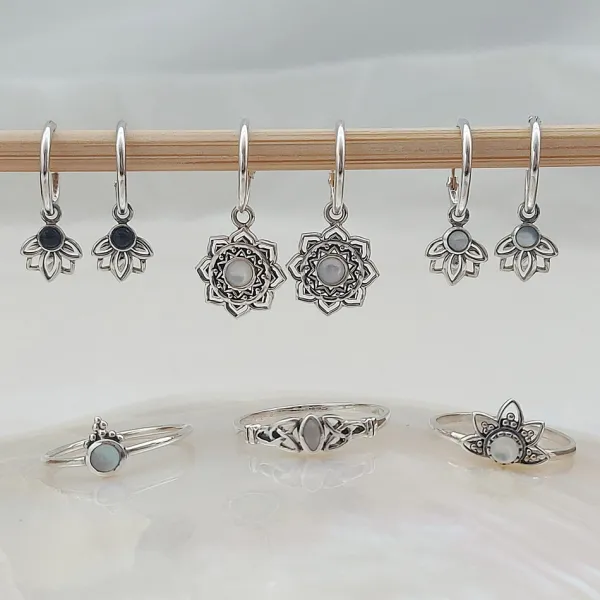 Studio Jewellery Hoop Earrings | Earrings-Mandala Shell Hoop Charm Silver Earrings