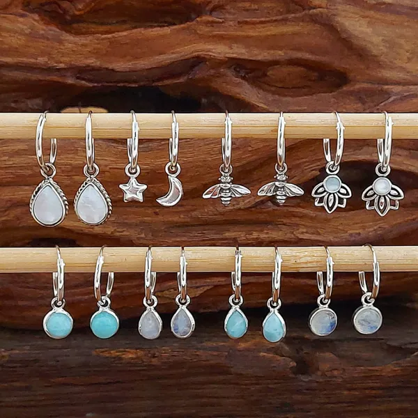 Studio Jewellery Hoop Earrings | Earrings-5mm Circle Larimar Silver Hoop Charm Earrings