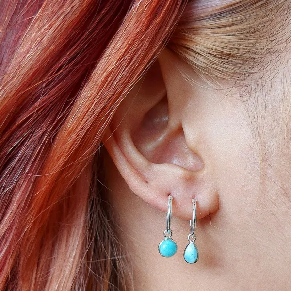 Studio Jewellery Hoop Earrings | Earrings-5mm Circle Larimar Silver Hoop Charm Earrings