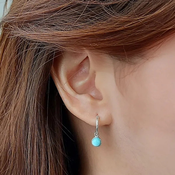 Studio Jewellery Hoop Earrings | Earrings-5mm Circle Larimar Silver Hoop Charm Earrings