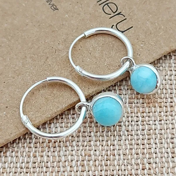 Studio Jewellery Hoop Earrings | Earrings-5mm Circle Larimar Silver Hoop Charm Earrings