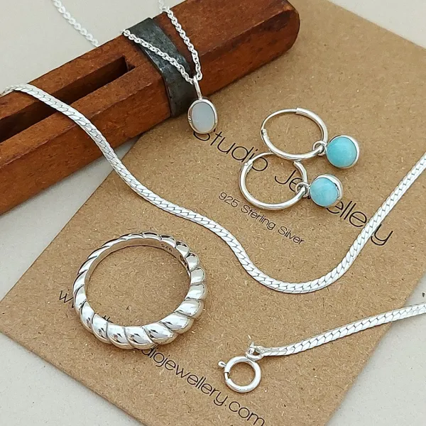 Studio Jewellery Hoop Earrings | Earrings-5mm Circle Larimar Silver Hoop Charm Earrings