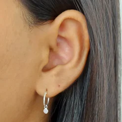 Studio Jewellery Hoop Earrings | Earrings-3mm Circle Moonstone Hoop Charm Earrings