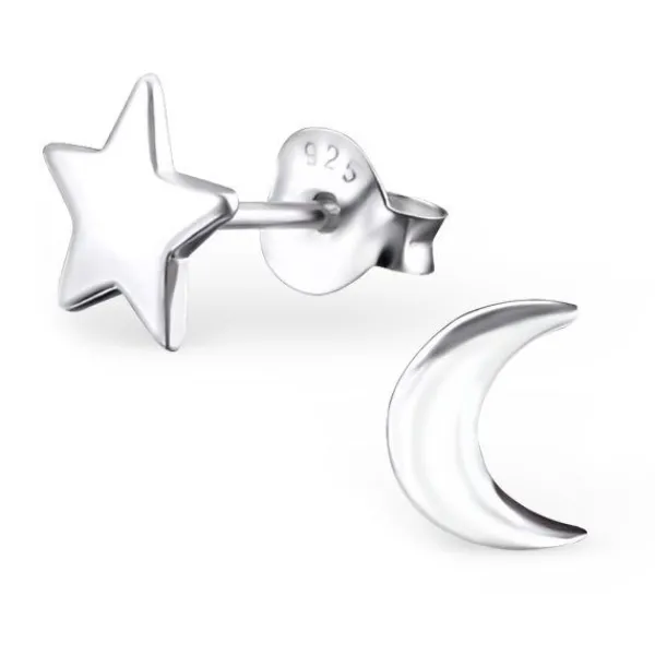 Studio Jewellery Stud Earrings | Earrings-Moon and Star Silver Stud Earrings