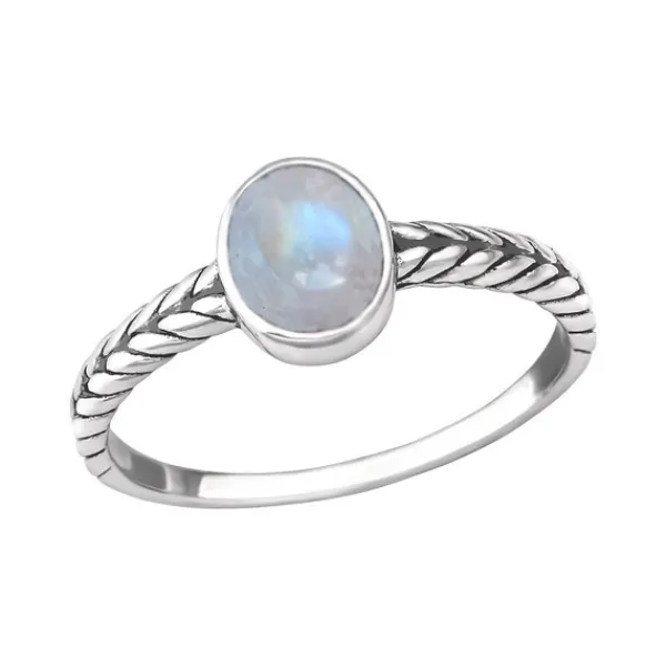 Studio Jewellery Rings | Gem Stone Rings-Oval Rope Band Moonstone Silver Ring