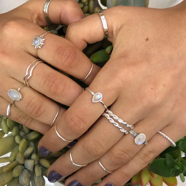 Studio Jewellery Rings | Gem Stone Rings-Oval Rope Band Moonstone Silver Ring