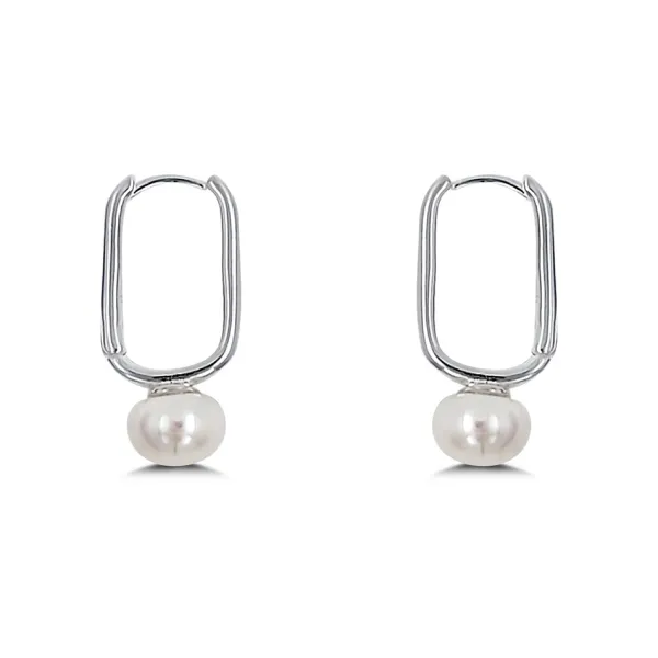 Studio Jewellery Hoop Earrings | Earrings-Pearl Oblong Silver Hoop Earrings