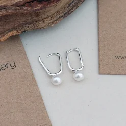 Studio Jewellery Hoop Earrings | Earrings-Pearl Oblong Silver Hoop Earrings