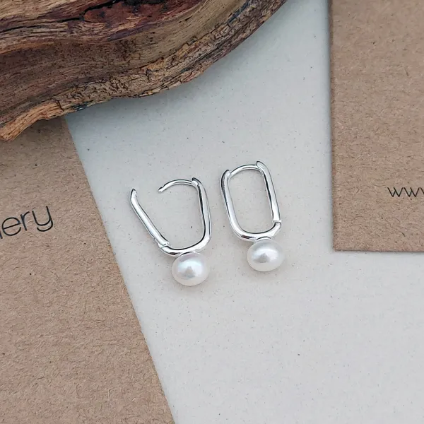Studio Jewellery Hoop Earrings | Earrings-Pearl Oblong Silver Hoop Earrings