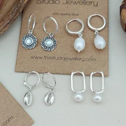 Studio Jewellery Hoop Earrings | Earrings-Pearl Oblong Silver Hoop Earrings