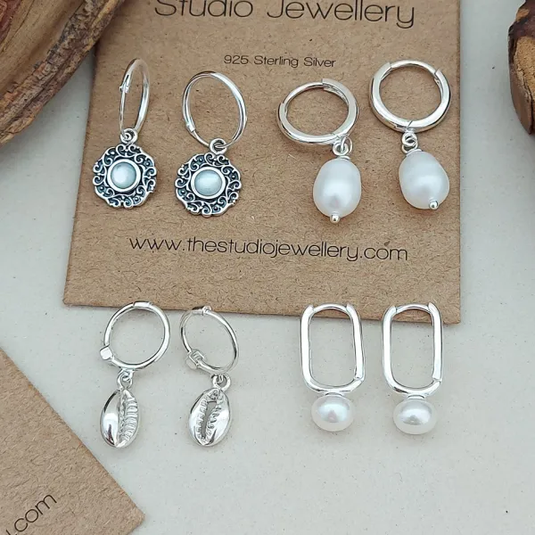 Studio Jewellery Hoop Earrings | Earrings-Pearl Oblong Silver Hoop Earrings