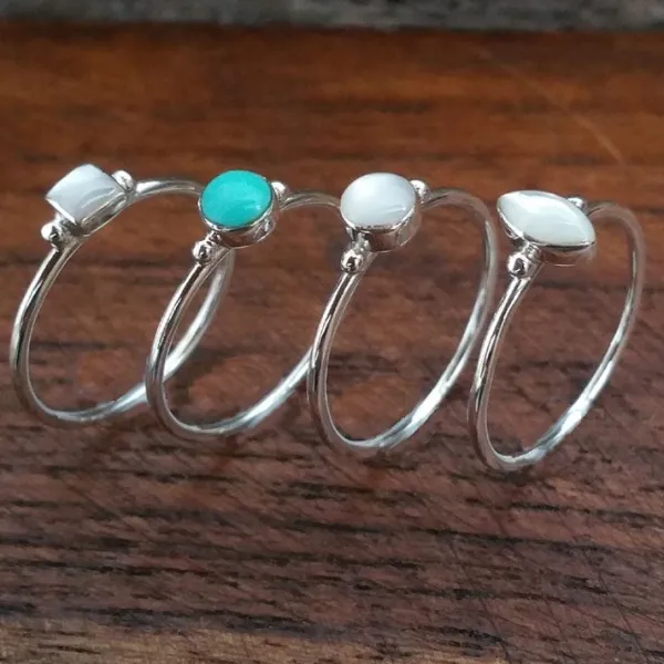 Studio Jewellery Gem Stone Rings | Rings-Small Fine Mother of Pearl Circle Silver Ring