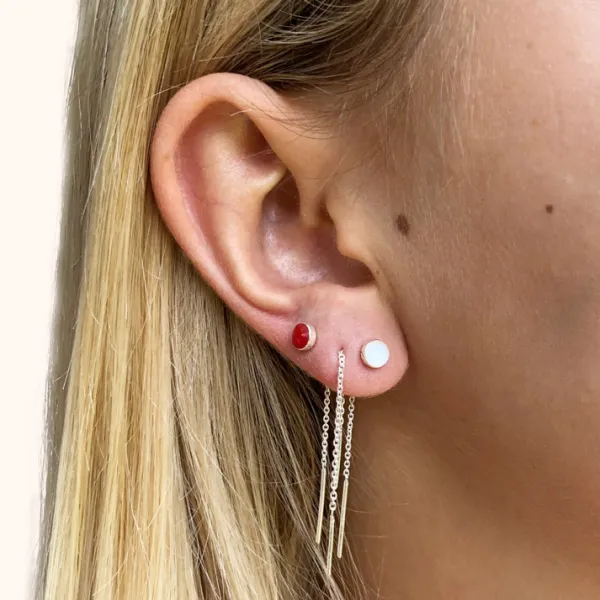 Studio Jewellery Earring Jackets And Threaders | Earrings-Small Red Disc and Bar Threader Silver Earrings