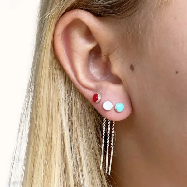 Studio Jewellery Earring Jackets And Threaders | Earrings-Small Red Disc and Bar Threader Silver Earrings