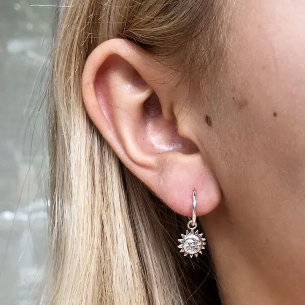 Studio Jewellery Hoop Earrings | Earrings-Smiling Sun Moon Silver Hoop Earrings