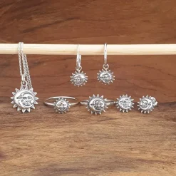 Studio Jewellery Hoop Earrings | Earrings-Smiling Sun Moon Silver Hoop Earrings
