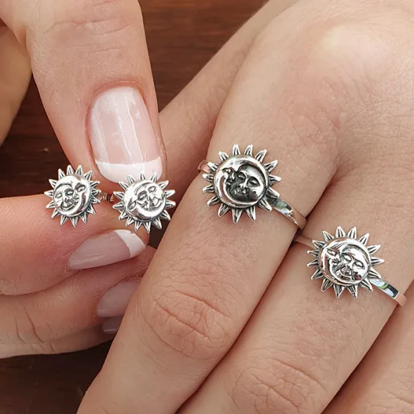 Studio Jewellery Stud Earrings | Earrings-Smiling Sun Moon Silver Stud Earrings