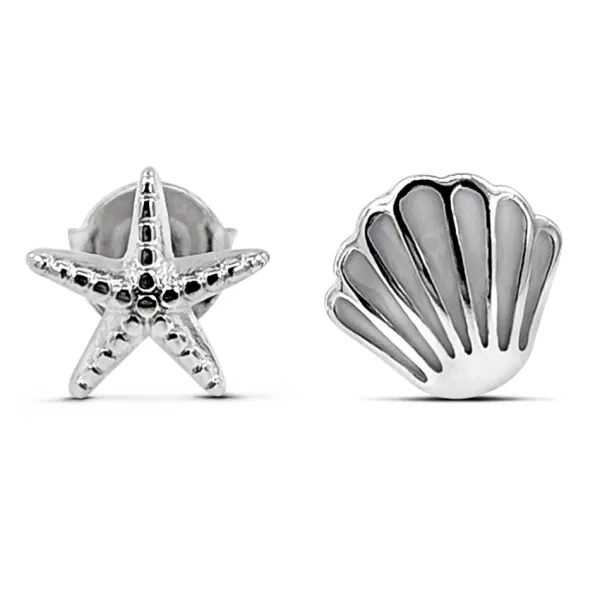 Studio Jewellery Stud Earrings | Earrings-Starfish and Shell Silver Earring Studs