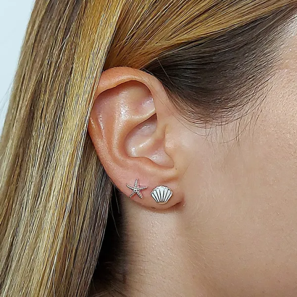 Studio Jewellery Stud Earrings | Earrings-Starfish and Shell Silver Earring Studs