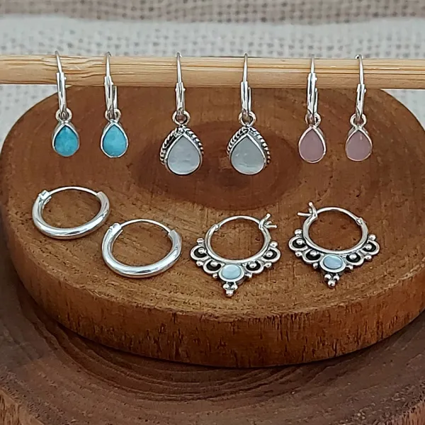 Studio Jewellery Hoop Earrings | Earrings-Tear Drop Larimar Silver Hoop Charm Earrings