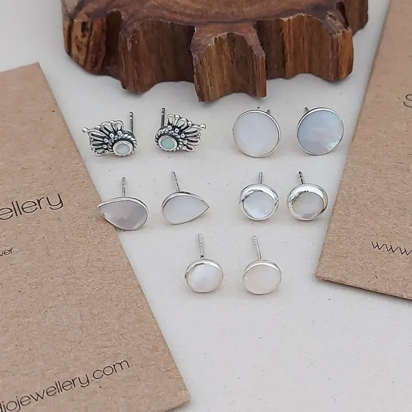 Studio Jewellery Stud Earrings | Earrings-Tear Drop White Shell Silver Earring Studs