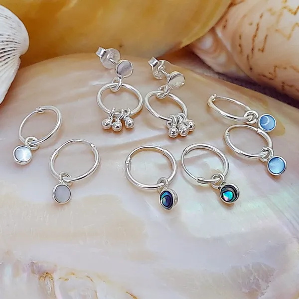 Studio Jewellery Hoop Earrings | Earrings-Tiny White Shell Hoop Charm Earrings
