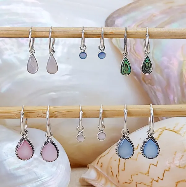 Studio Jewellery Hoop Earrings | Earrings-Water Drop Blue Shell Hoop Charm Earrings