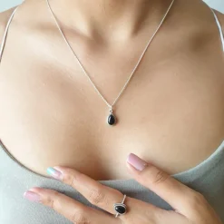 Studio Jewellery Necklaces-Water Drop Onyx Silver Necklace