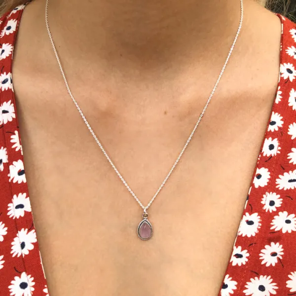 Studio Jewellery Necklaces-Water Drop Rose Quartz Silver Necklace